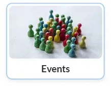 Picture shows the Events button from the Smile App.  It is a white background with small game pieces in the shapes of small people showing in various colours - red, yellow, green and blue.  Underneath is the word Events