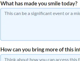A snippet of the Smile File Journal from the Smile App.  A questions asking 'What has made you Smile today?' can be seen with an answer box below in blue that suggests considering a significant event or a micro moment of joy