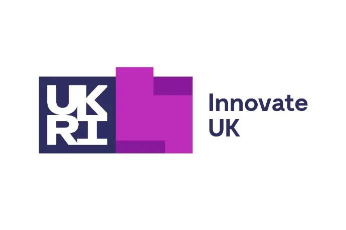 UK Innovate Logo.  The letters UKRI in white on a dark blue square to the left.  Next to a shape made of two pink rectangles.  And to the right again are the words Innovate UK written in the same dark blue on a white background